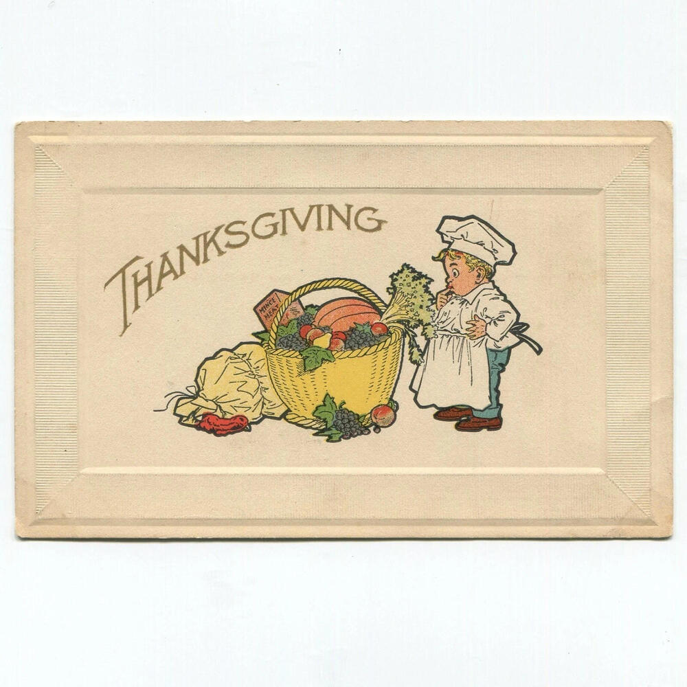 Vtg. Divided Back Thanksgiving Thinking Chef Food Ingredients Gibson Art Company